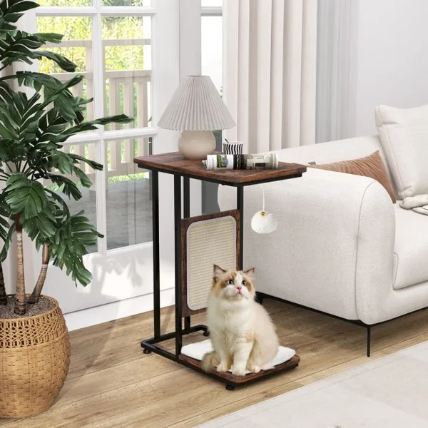 2 en 1 Arbre à Chat 64CM Griffoir Pompon Suspendu Coussin Amovible Structure en Forme de C Style Industriel Café