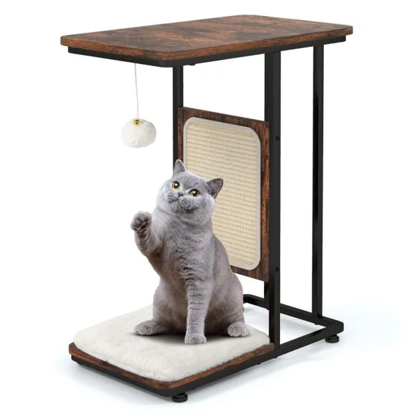 2 en 1 Arbre à Chat 64CM Griffoir Pompon Suspendu Coussin Amovible Structure en Forme de C Style Industriel Café