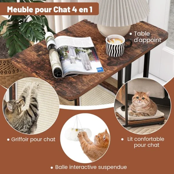 2 en 1 Arbre à Chat 64CM Griffoir Pompon Suspendu Coussin Amovible Structure en Forme de C Style Industriel Café