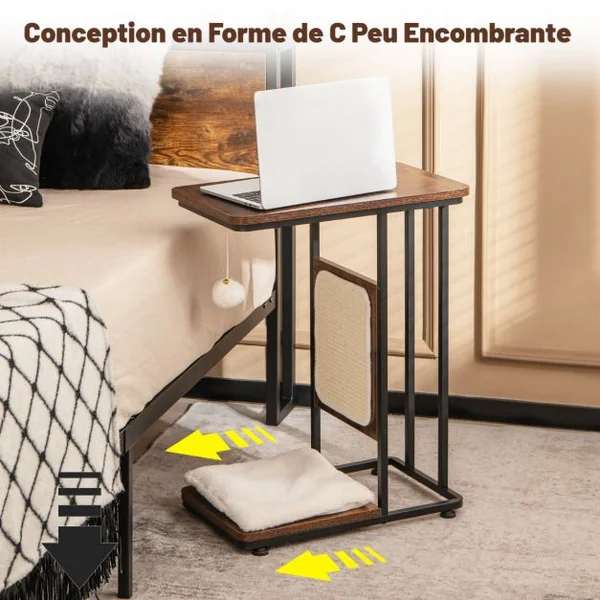 2 en 1 Arbre à Chat 64CM Griffoir Pompon Suspendu Coussin Amovible Structure en Forme de C Style Industriel Café