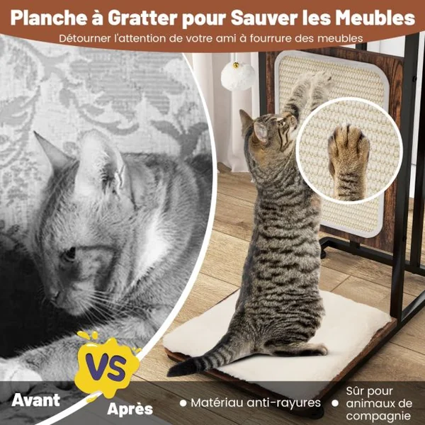 2 en 1 Arbre à Chat 64CM Griffoir Pompon Suspendu Coussin Amovible Structure en Forme de C Style Industriel Café