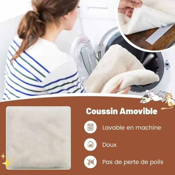 2 en 1 Arbre à Chat 64CM Griffoir Pompon Suspendu Coussin Amovible Structure en Forme de C Style Industriel Café