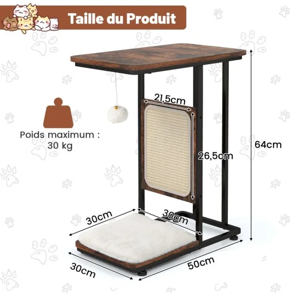 2 en 1 Arbre à Chat 64CM Griffoir Pompon Suspendu Coussin Amovible Structure en Forme de C Style Industriel Café