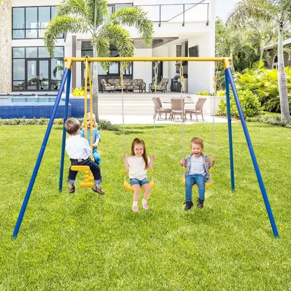 2 en 1 Balançoire Enfant avec 2 Sièges & 1 Face à Face Portique de Balançoire en Métal avec Cadre en Forme A Charge 50kg pour 3-12 Ans Bleu