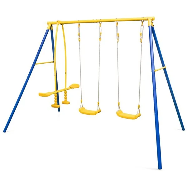 2 en 1 Balançoire Enfant avec 2 Sièges & 1 Face à Face Portique de Balançoire en Métal avec Cadre en Forme A Charge 50kg pour 3-12 Ans Bleu