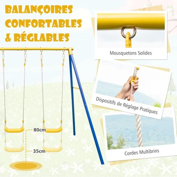2 en 1 Balançoire Enfant avec 2 Sièges & 1 Face à Face Portique de Balançoire en Métal avec Cadre en Forme A Charge 50kg pour 3-12 Ans Bleu