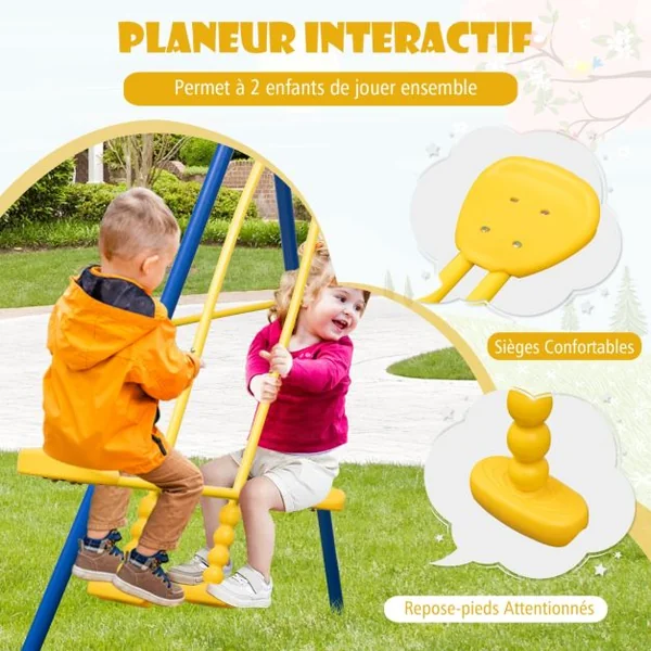 2 en 1 Balançoire Enfant avec 2 Sièges & 1 Face à Face Portique de Balançoire en Métal avec Cadre en Forme A Charge 50kg pour 3-12 Ans Bleu