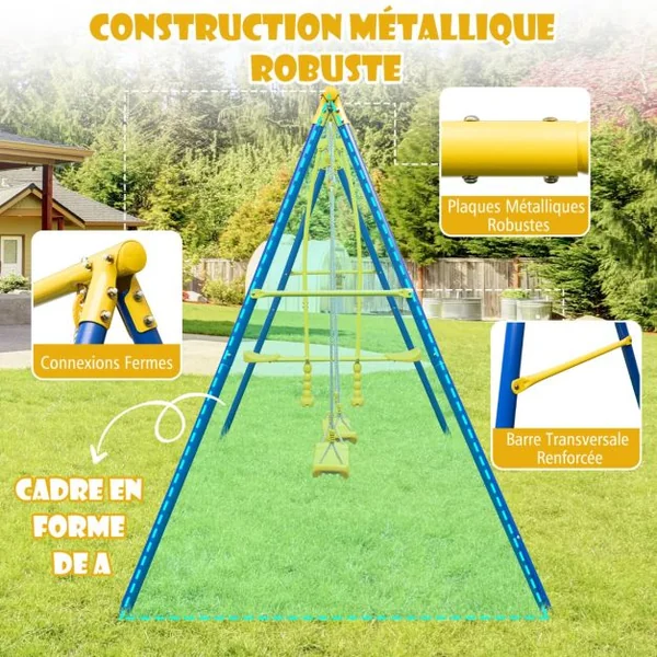 2 en 1 Balançoire Enfant avec 2 Sièges & 1 Face à Face Portique de Balançoire en Métal avec Cadre en Forme A Charge 50kg pour 3-12 Ans Bleu