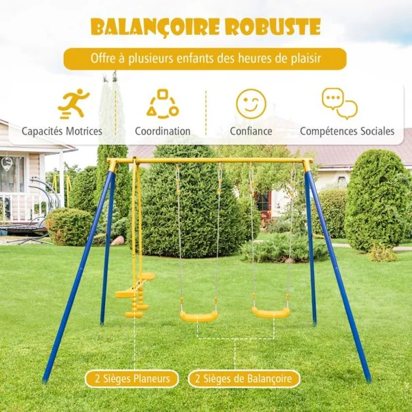 2 en 1 Balançoire Enfant avec 2 Sièges & 1 Face à Face Portique de Balançoire en Métal avec Cadre en Forme A Charge 50kg pour 3-12 Ans Bleu