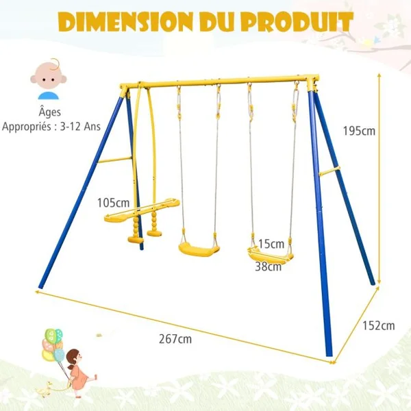 2 en 1 Balançoire Enfant avec 2 Sièges & 1 Face à Face Portique de Balançoire en Métal avec Cadre en Forme A Charge 50kg pour 3-12 Ans Bleu