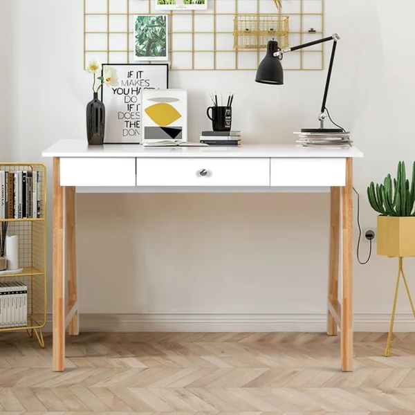 2 en 1 Bureau Informatique Table Coiffeuse en Bois avec Grand Plan de Travail 106,5x50x75,5CM Marron