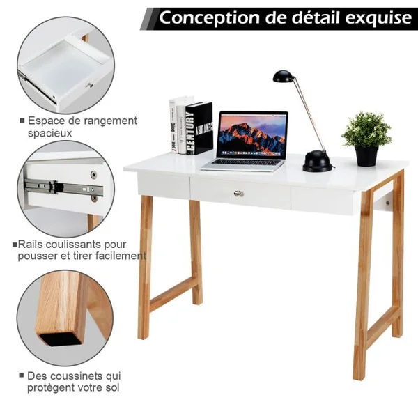 2 en 1 Bureau Informatique Table Coiffeuse en Bois avec Grand Plan de Travail 106,5x50x75,5CM Marron