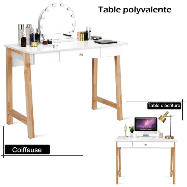 2 en 1 Bureau Informatique Table Coiffeuse en Bois avec Grand Plan de Travail 106,5x50x75,5CM Marron