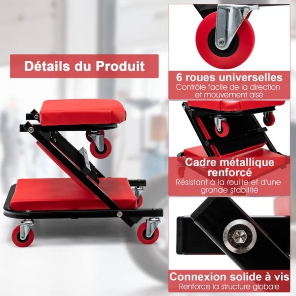 2 en 1 Chariot de Visite Mécanicien avec 6 Roues Universelles Assise et Inclinée Max 150 kg Bonne Mobilité Voiture Moto