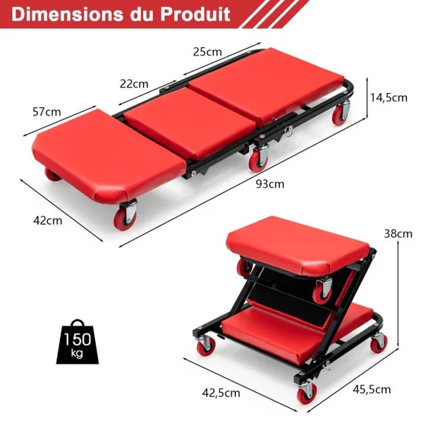 2 en 1 Chariot de Visite Mécanicien avec 6 Roues Universelles Assise et Inclinée Max 150 kg Bonne Mobilité Voiture Moto