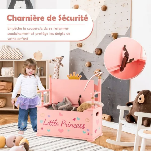 2 en 1 Coffre à Jouets pour Enfants Banc de Rangement avce Dossier & Accoudoirs Espace de Stockage Charnière de Sécurité 60 x 30 x 63 cm 3 Ans+