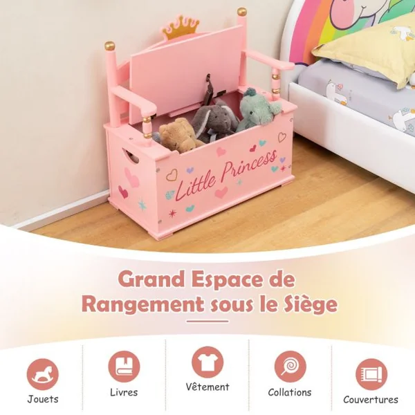 2 en 1 Coffre à Jouets pour Enfants Banc de Rangement avce Dossier & Accoudoirs Espace de Stockage Charnière de Sécurité 60 x 30 x 63 cm 3 Ans+