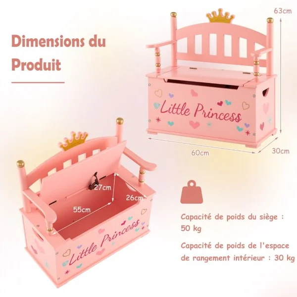 2 en 1 Coffre à Jouets pour Enfants Banc de Rangement avce Dossier & Accoudoirs Espace de Stockage Charnière de Sécurité 60 x 30 x 63 cm 3 Ans+