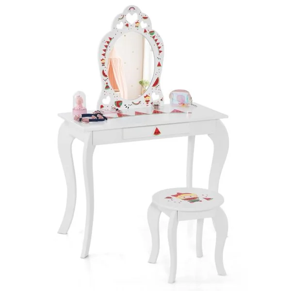 2 en 1 Coiffeuse Enfants avec Tabouret et Miroir Amovible Table de Maquillage avec Tiroir et Dispositif Anti-basculement Blanc sur