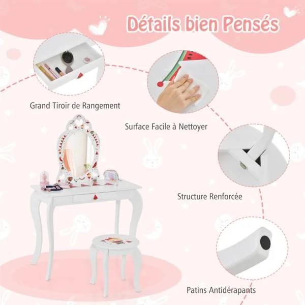2 en 1 Coiffeuse Enfants avec Tabouret et Miroir Amovible Table de Maquillage avec Tiroir et Dispositif Anti-basculement Blanc sur