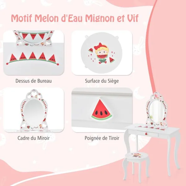 2 en 1 Coiffeuse Enfants avec Tabouret et Miroir Amovible Table de Maquillage avec Tiroir et Dispositif Anti-basculement Blanc sur