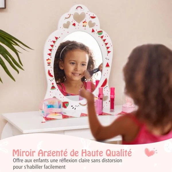 2 en 1 Coiffeuse Enfants avec Tabouret et Miroir Amovible Table de Maquillage avec Tiroir et Dispositif Anti-basculement Blanc sur