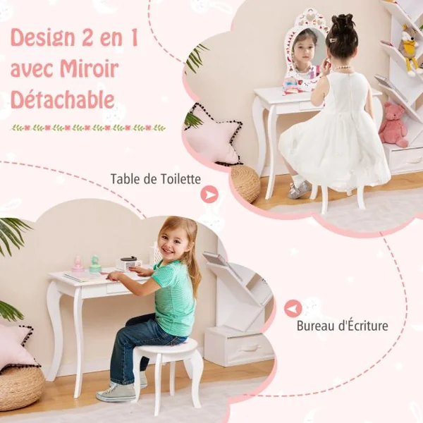 2 en 1 Coiffeuse Enfants avec Tabouret et Miroir Amovible Table de Maquillage avec Tiroir et Dispositif Anti-basculement Blanc sur