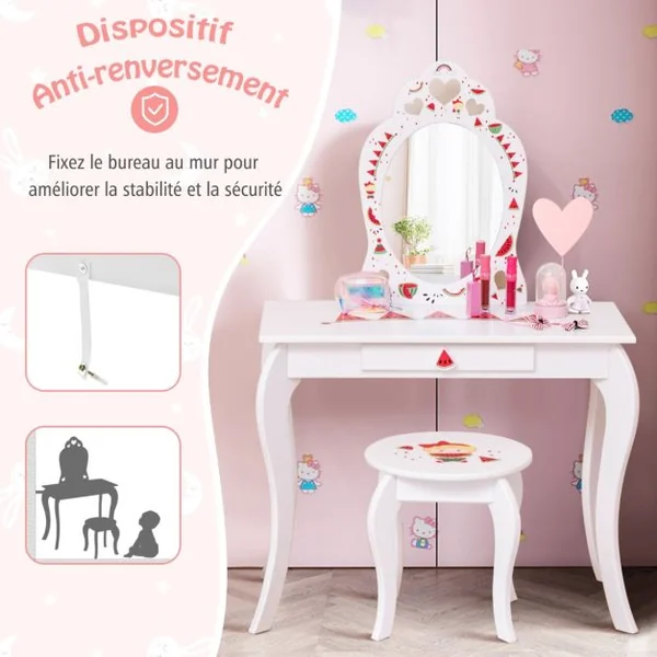 2 en 1 Coiffeuse Enfants avec Tabouret et Miroir Amovible Table de Maquillage avec Tiroir et Dispositif Anti-basculement Blanc sur
