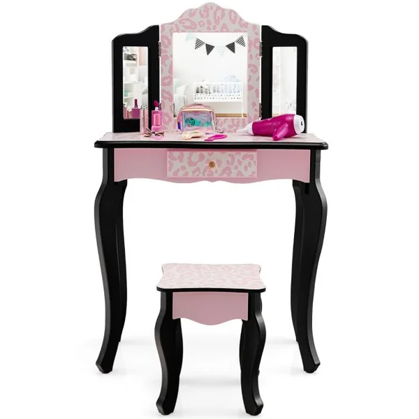 2 en 1 Coiffeuse Enfants avec Tabouret et Miroir Amovible à 3 Volets Table de Maquillage avec Tiroir pour Enfants de 3-7 Ans Rose