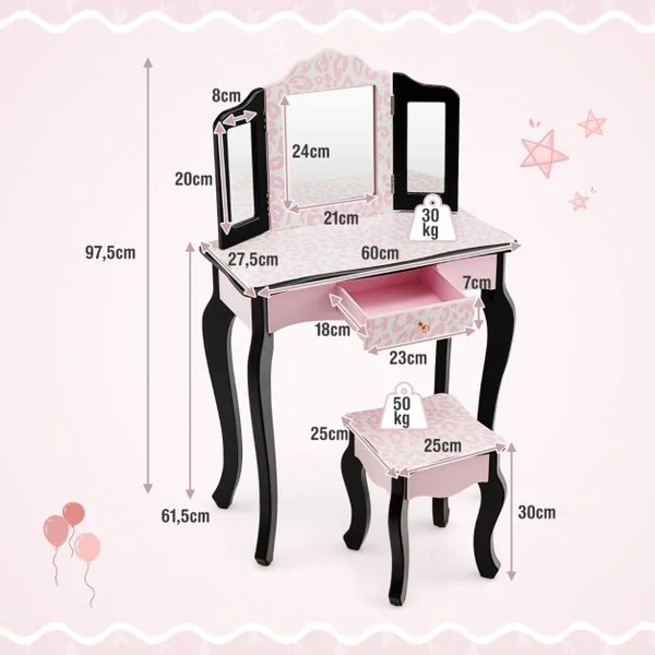 2 en 1 Coiffeuse Enfants avec Tabouret et Miroir Amovible à 3 Volets Table de Maquillage avec Tiroir pour Enfants de 3-7 Ans Rose