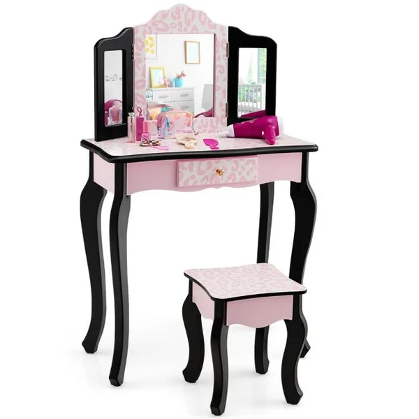 2 en 1 Coiffeuse Enfants avec Tabouret et Miroir Amovible à 3 Volets Table de Maquillage avec Tiroir pour Enfants de 3-7 Ans Rose