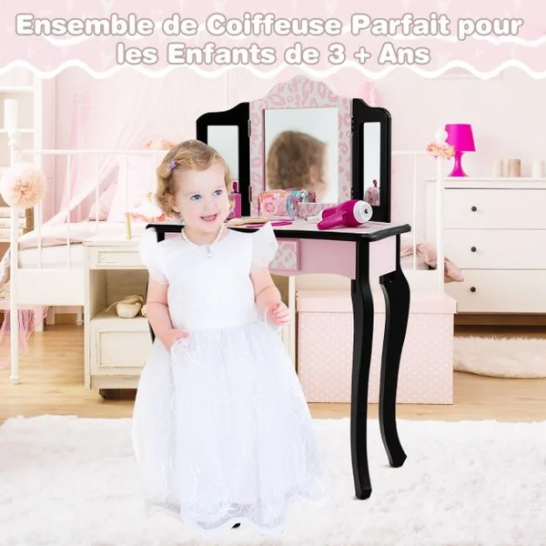 2 en 1 Coiffeuse Enfants avec Tabouret et Miroir Amovible à 3 Volets Table de Maquillage avec Tiroir pour Enfants de 3-7 Ans Rose