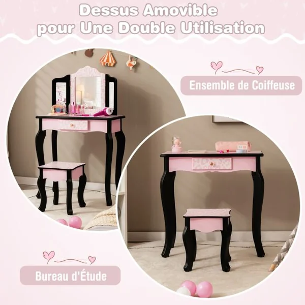 2 en 1 Coiffeuse Enfants avec Tabouret et Miroir Amovible à 3 Volets Table de Maquillage avec Tiroir pour Enfants de 3-7 Ans Rose