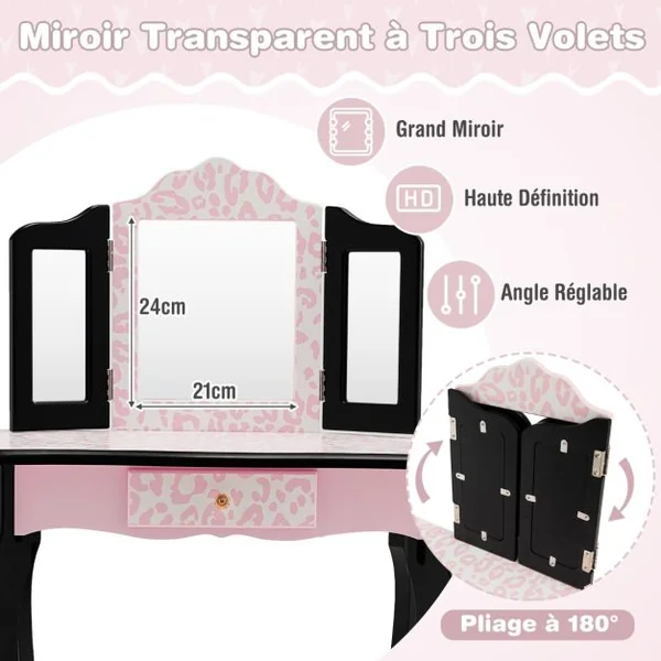 2 en 1 Coiffeuse Enfants avec Tabouret et Miroir Amovible à 3 Volets Table de Maquillage avec Tiroir pour Enfants de 3-7 Ans Rose