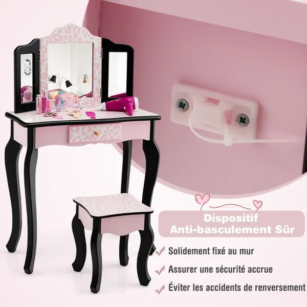 2 en 1 Coiffeuse Enfants avec Tabouret et Miroir Amovible à 3 Volets Table de Maquillage avec Tiroir pour Enfants de 3-7 Ans Rose