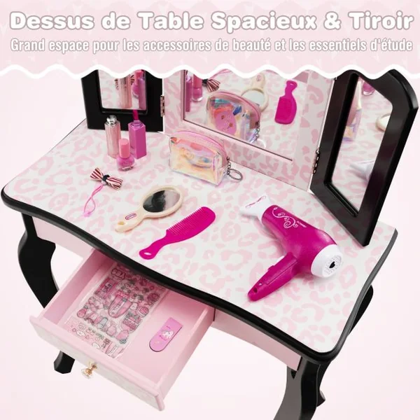 2 en 1 Coiffeuse Enfants avec Tabouret et Miroir Amovible à 3 Volets Table de Maquillage avec Tiroir pour Enfants de 3-7 Ans Rose