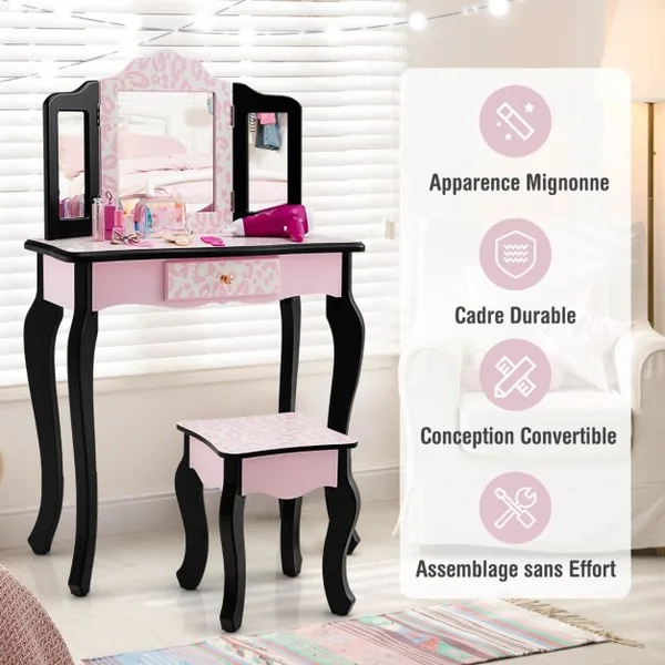 2 en 1 Coiffeuse Enfants avec Tabouret et Miroir Amovible à 3 Volets Table de Maquillage avec Tiroir pour Enfants de 3-7 Ans Rose