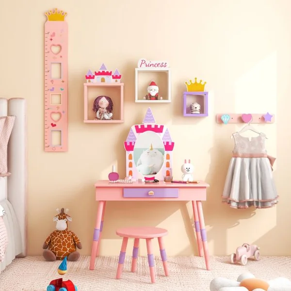 2 en 1 Coiffeuse Enfants sur Thème du Château avec Tabouret Table de Maquillage Princesse avec Miroir Détachable Accessoires Riches pour Enfants 3 Ans+ Rose