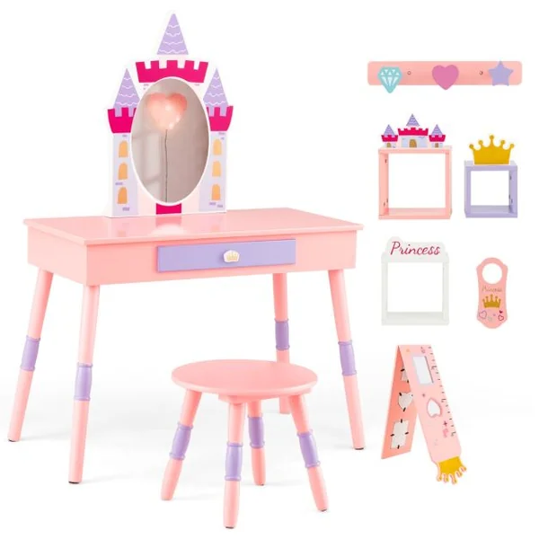2 en 1 Coiffeuse Enfants sur Thème du Château avec Tabouret Table de Maquillage Princesse avec Miroir Détachable Accessoires Riches pour Enfants 3 Ans+ Rose