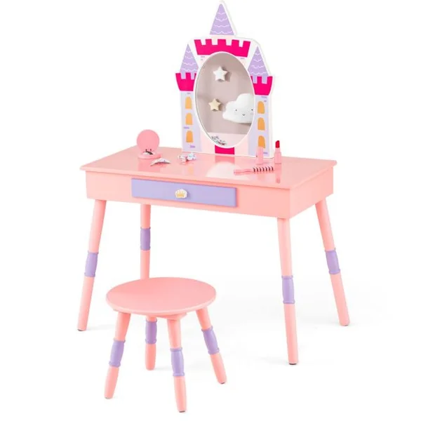 2 en 1 Coiffeuse Enfants sur Thème du Château avec Tabouret Table de Maquillage Princesse avec Miroir Détachable Accessoires Riches pour Enfants 3 Ans+ Rose