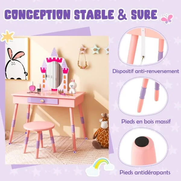 2 en 1 Coiffeuse Enfants sur Thème du Château avec Tabouret Table de Maquillage Princesse avec Miroir Détachable Accessoires Riches pour Enfants 3 Ans+ Rose