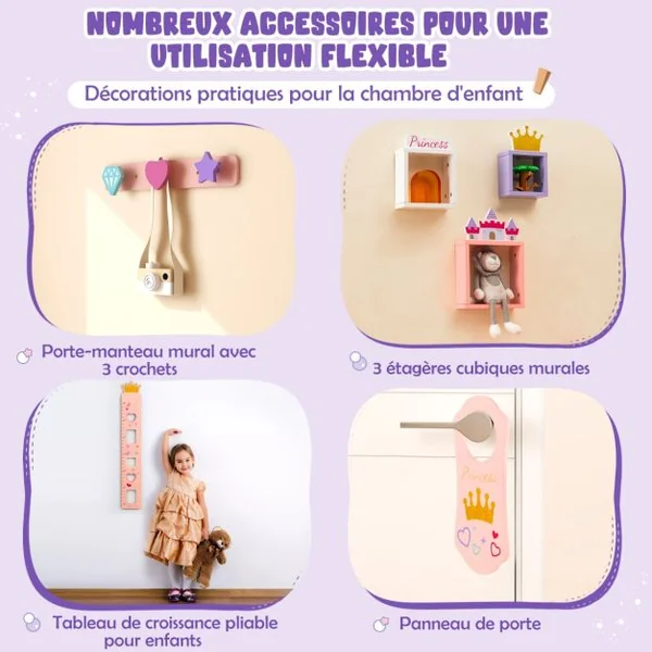 2 en 1 Coiffeuse Enfants sur Thème du Château avec Tabouret Table de Maquillage Princesse avec Miroir Détachable Accessoires Riches pour Enfants 3 Ans+ Rose