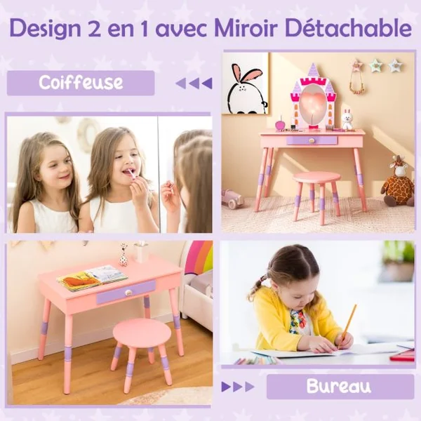 2 en 1 Coiffeuse Enfants sur Thème du Château avec Tabouret Table de Maquillage Princesse avec Miroir Détachable Accessoires Riches pour Enfants 3 Ans+ Rose