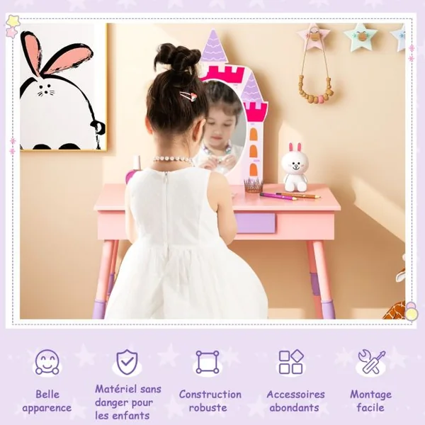 2 en 1 Coiffeuse Enfants sur Thème du Château avec Tabouret Table de Maquillage Princesse avec Miroir Détachable Accessoires Riches pour Enfants 3 Ans+ Rose