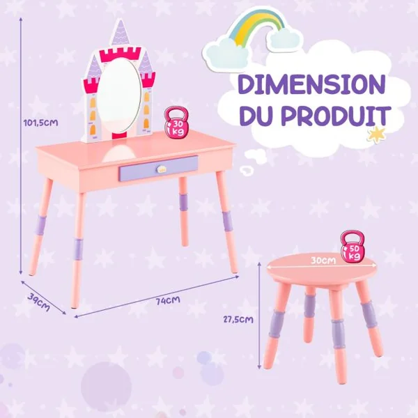 2 en 1 Coiffeuse Enfants sur Thème du Château avec Tabouret Table de Maquillage Princesse avec Miroir Détachable Accessoires Riches pour Enfants 3 Ans+ Rose