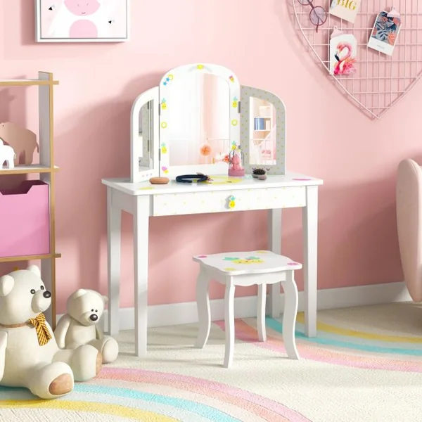 2 en 1 Coiffeuse Enfants Tabouret Miroir à 3 Volets Amovible Table de Maquillage Tiroir Dispositif Anti-basculement Blanc