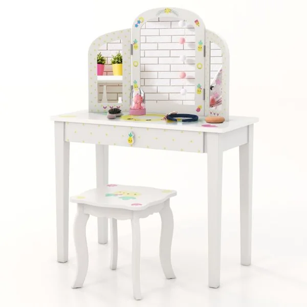 2 en 1 Coiffeuse Enfants Tabouret Miroir à 3 Volets Amovible Table de Maquillage Tiroir Dispositif Anti-basculement Blanc