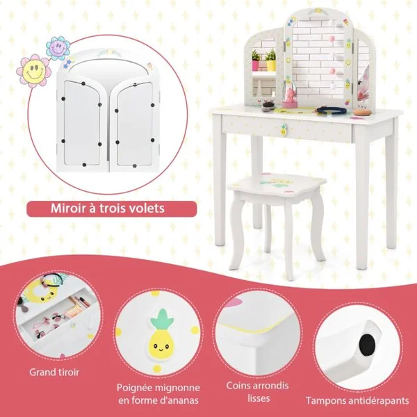 2 en 1 Coiffeuse Enfants Tabouret Miroir à 3 Volets Amovible Table de Maquillage Tiroir Dispositif Anti-basculement Blanc