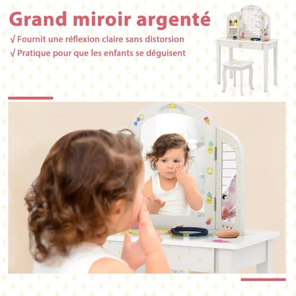 2 en 1 Coiffeuse Enfants Tabouret Miroir à 3 Volets Amovible Table de Maquillage Tiroir Dispositif Anti-basculement Blanc