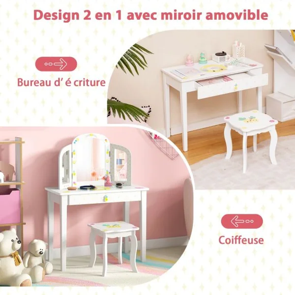 2 en 1 Coiffeuse Enfants Tabouret Miroir à 3 Volets Amovible Table de Maquillage Tiroir Dispositif Anti-basculement Blanc